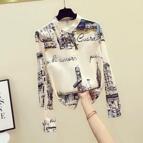 Womens Spring Autumn Style Chiffon Blouse Shirt Womens O-Neck Printed Button Long Sleeve Casual Vintage Tops SP932