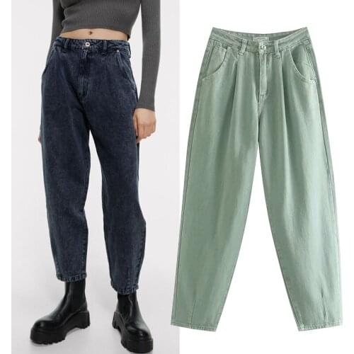 BONLAVIE Womens Spring and Autumn Fashion Loose High-waisted Denim Pants Womens Wear