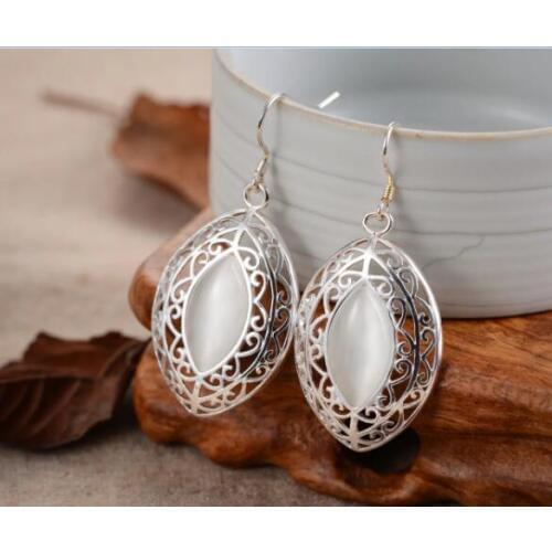 Handmade ladys 925 White Sea Shell Marcasit Earrings 11/2" Natural Stone jewelry bread big earringsWomen Party