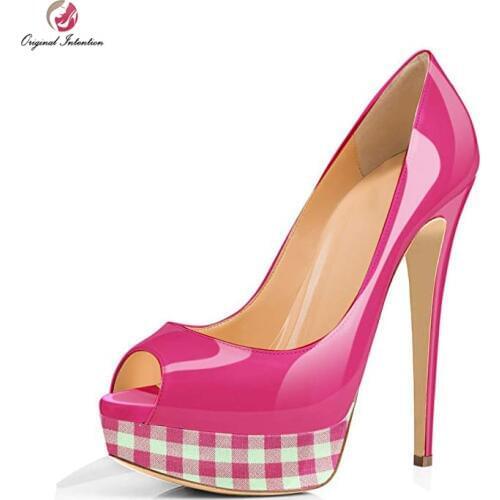 Original Intention Ladise Party Womens Pumps Patent Leather Peep Toe Stiletto High Heels 16cm Plaid Platform Shoes Woman Mujer