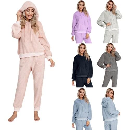 2020 New Womens Fleece 2 Pcs Clothes Sets Long Sleeve Solid Color Pullover Hoodies + Long Pant Warm Fuzzy Homewear Outfits