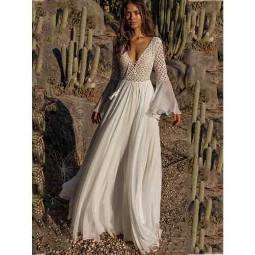 Fitshinling Backless lace long dress autumn 2020 v neck sexy hot bohemian maxi dresses for women flare sleeve white pareos sale