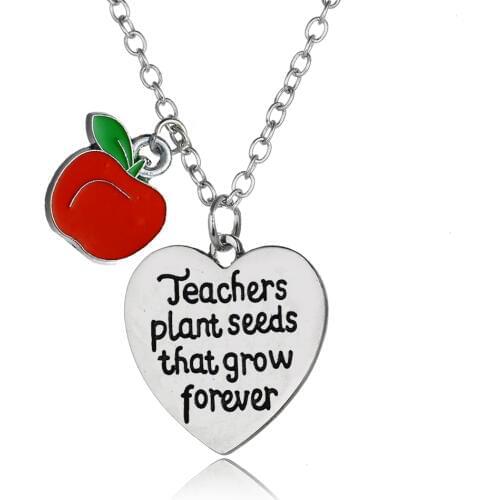 12PC/Lot Chic Apple Love Heart Pendant Necklace Teachers Plant Seeds That Grow Forever Charm Chain Necklace Teacher Gift Jewelry