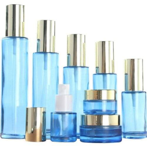 120ml 100ml 80ml 60ml 40ml 30ml 20ml blue glass cosmetic bottle golden press pump empty bottle essence lotion perfume bottle