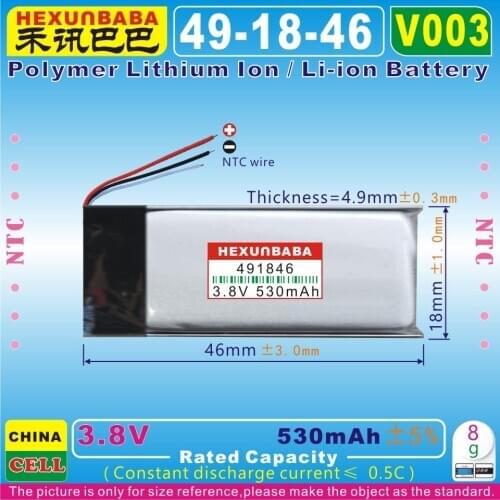 2pcs [V003] 3.8V 530mAh [491846] NTC,3 WIRE;Polymer Li-ion battery for voice recorder pen,smart band;bluetooth,mp3,smart watch