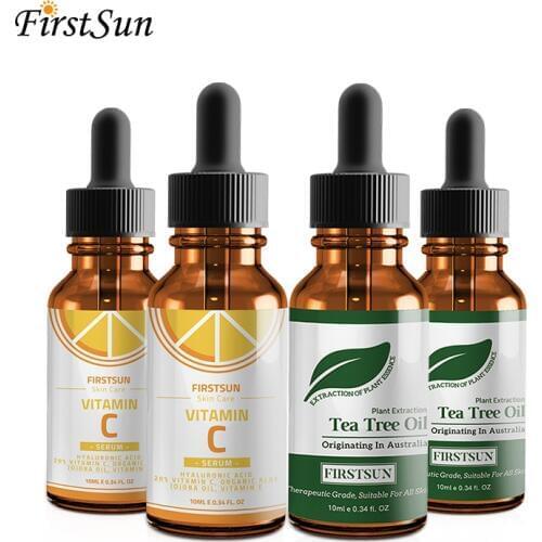4pcs Firstsun Pure Tea Tree Essential Oil Anti-Wrinkle Grease Hyaluronic Acid Vitamin C Skin Care Set Remove Acne Facial Cream