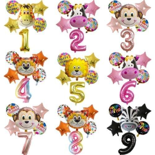 6pcs Animal Cow Tiger Zebra lion monkey Balloon Jungle Theme Birthday Wedding Decor Summer Party Baby Shower Foil Number balloon