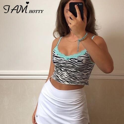 Iamhotty Sexy Zebra Print Lace 90s Aesthetic Milkmaid Top Women Vintage Spaghetti Strap Fitness Crop Tops Femme Clothes Summer