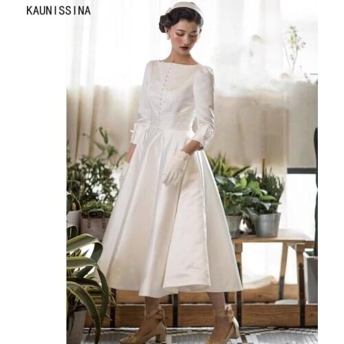 KAUNISSINA Satin Vintage Wedding Dress for Bride Buttons Three Quarter Sleeve Corset Wedding Gowns A-Line Short Bridal Vestidos