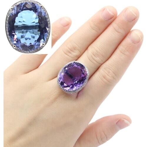 25x21mm Delicate Fine Cut Dazzling Big Oval 22x18mm Created Color Changing Alexandrite Topaz For Ladies Silver Rings