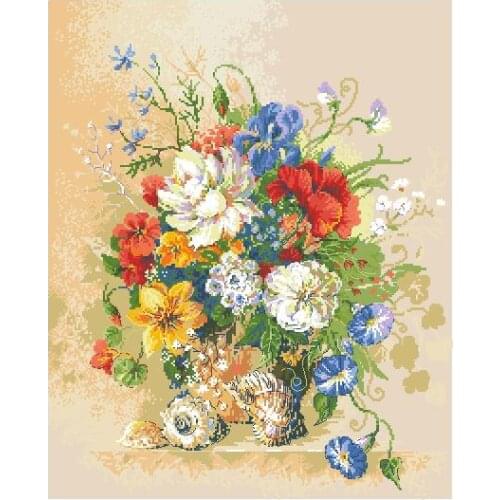 Gold Collection Counted Cross Stitch Kit Flowers and Sea Snail Shell Flower in Vase Bouquet riolis 100-042