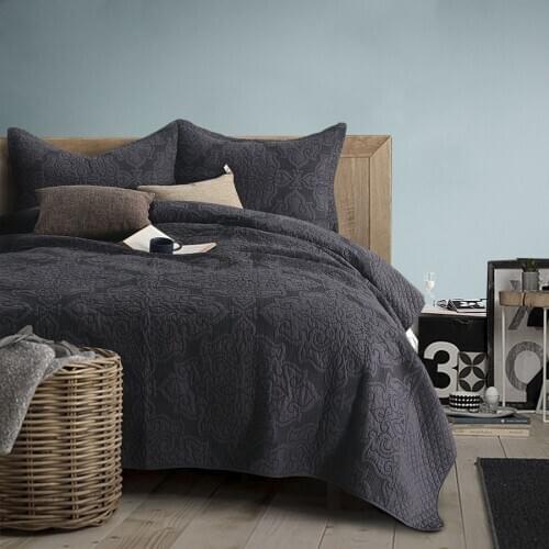 CHAUSUB Franch Bedspreads Solid Quilts Sets 3PCS Cotton Embroidered Bed Cover Pillowcase Coverlet King Size Gray Blanket