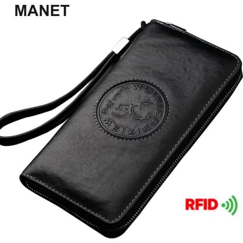 MANET RFID Mens Wallet Anti-theft Genuine Leather Clutch Bag Classic Business Purse with Multi Pockets Large Credit Card Holder