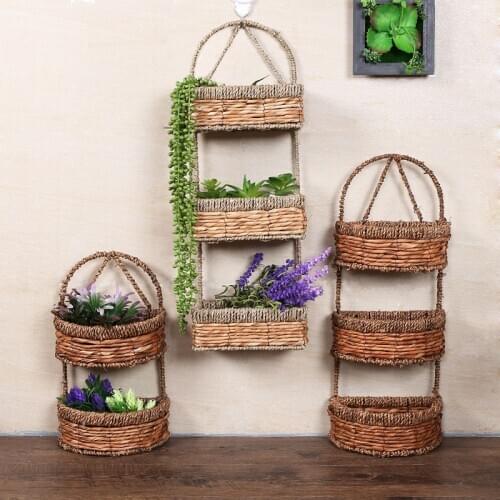 Natural straw wall hanging storage bag rack Multi-layer hanging storage basket Door storage basket hanging wall storage basket