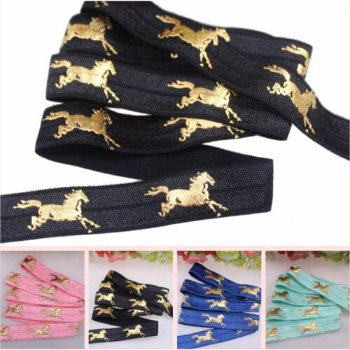 New!! 5colors Gold foil Running Horse fold over elastic,beautiful gold horse FOE elastic ribbon for accessaries, welcome custom