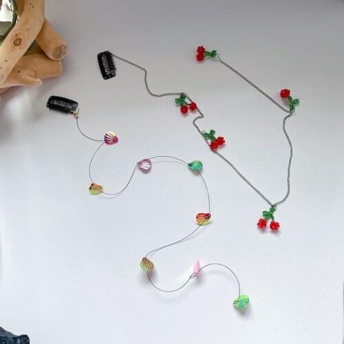 Origin Summer Sweet Funny Colorful Shell Cherries Long Tassel Hairband for Women Girls Metallic Chain Hair Accessories Jewellery