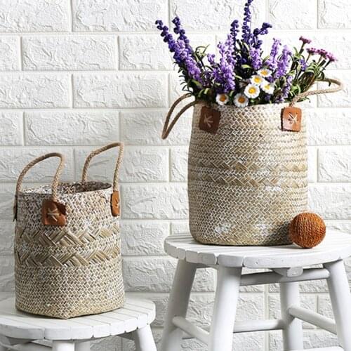 Seagrass Woven Storage Baskets Garden Flower Vase Photography Background Rattan Planter Potted Organizer Home Decor