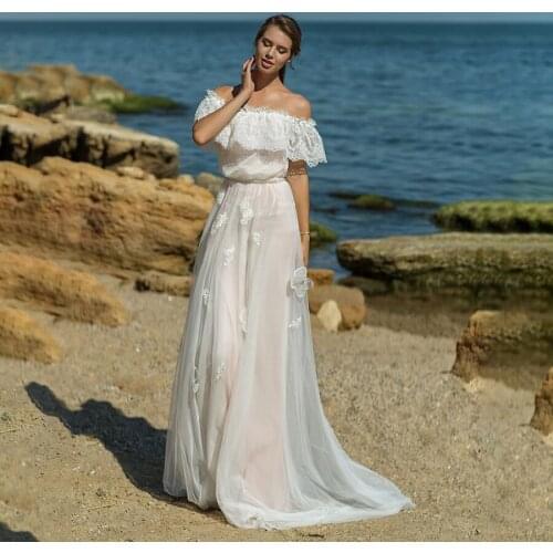 Off the Shoulder A-line Champagne Beach Wedding Dress with 3D Lace Beading Belt Bridal Dress vestidos de novias