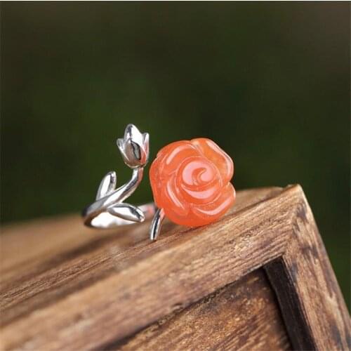 S925 Sterling Silver Natural South Red Agate Ring Retro Personalized Rose Opening Inlaid Ornament for Women