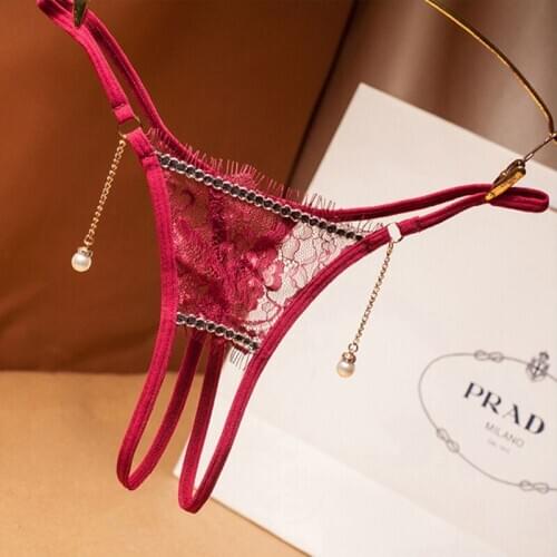 Sexy Crotchless With Pearl Lace Underwear Womens G-String Hot Erotic Women Lingerie Thongs Briefs Seamless Perspective Tangas