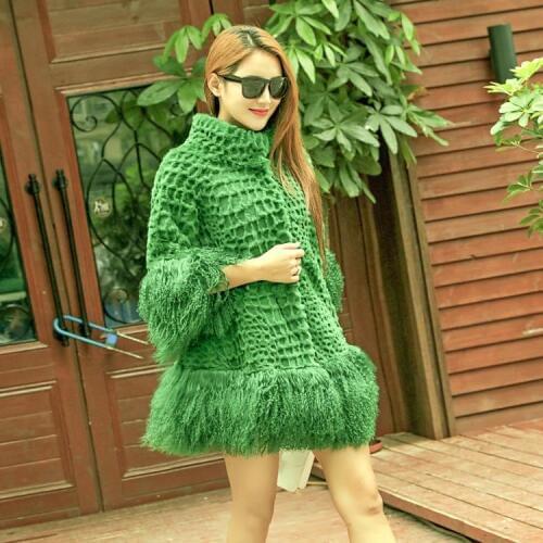 Real natural genuine women rabbit fur coat with lamb fur cuff and hem girls fashion loose style 3/4 sleeve jacket warm winter