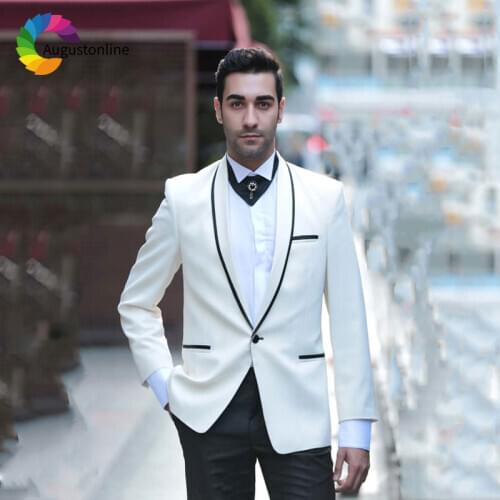 Custom Made Ivory Groom Tuxedo Men Suits Shawl Lapel Wedding Suits Slim Fit Costume Homme Best Man Blazer Jacket 2Piece Pants