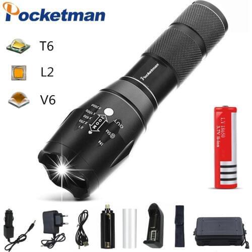 5000 lumen T6/L2/V6 LED Flashlight Bright Torch Zoomable Light 5 switch Modes Waterproof Torch use 18650 battery z90