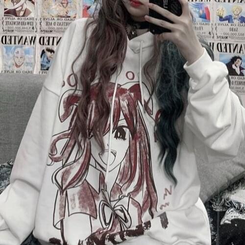 Harajuku Anime Hoodie Japanese Streetwear Pink Kawaii Sweatshirt 2021 Gothic Fall WomenS Loose White Pullover