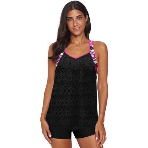 Black Printed Patchwork Vest Tankini Top Women Sexy Printed Sport Bra Patchwork T Back Hollow-Out Geometric Lace Tankini Top