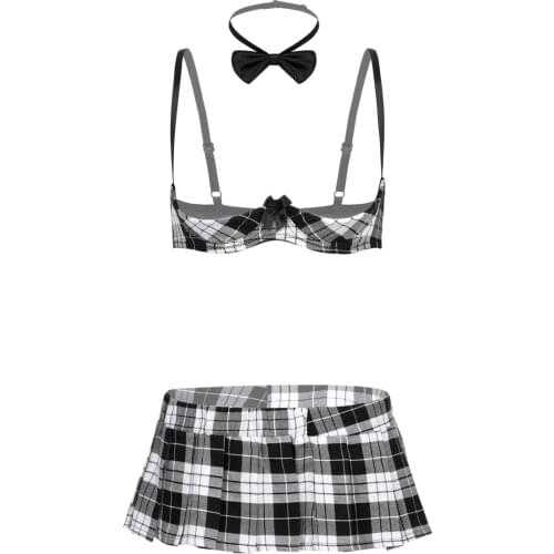 Adult Womens Cosplay Costume Japanese Schoolgirl Uniform Sexy Clubwear Erotic Open Cup Bra with Plaid Skirt Anime Roleplay Dress