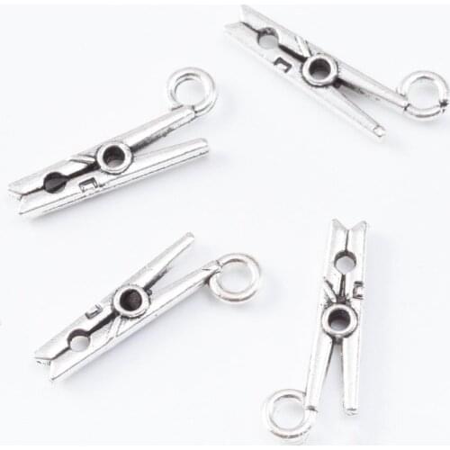 200pcs 8*19MM silver color clothes pin clamp clothes-peg charm antique metal pendants for bracelet necklace earring diy jewelry