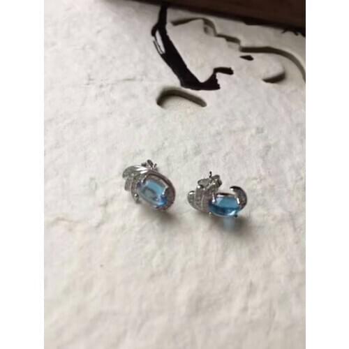 Fashion natural blue topaz stud earrings Natural gem stone earrings Wings Lucky 925 silver female earrings party gift jewelry