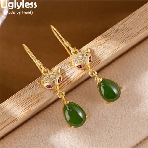 Uglyless Water Drop Gemstones Earrings Women Natural Green Jade Jasper Earrings Zircons Crystals Fox Jewelry 925 Silver Animals