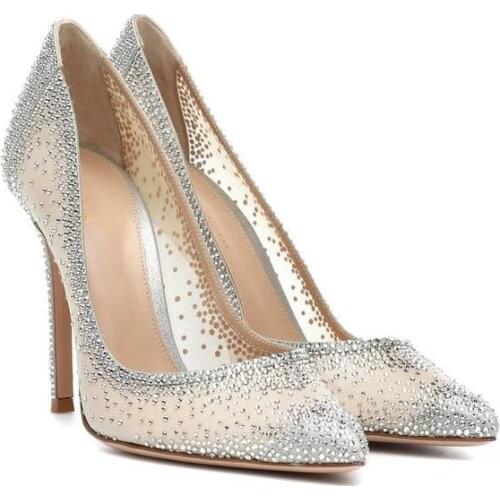 Summer Mesh Patchwork Crystal Pump Woman Drilled Bling Rhinestone High Heel Wedding Stilettos Ladies Low Cut Thin Heels Shoe