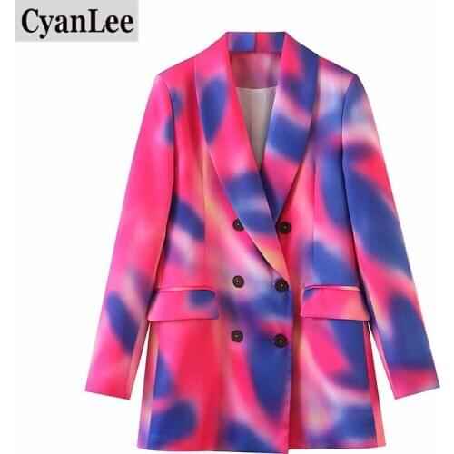 Coat Women Tie-dye Hit Color Double Breasted Blazer New Lapel Long Sleeve Loose Jacket Fashion Tide Spring Autumn 2020 Tops