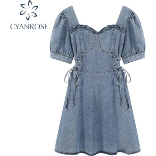 Vintage Korean Chic Elegant Denim Short Dress 2021 Summer Fashion Square Collar Puff Sleeve Wood Ear Edge Lace-Up Female Dresses