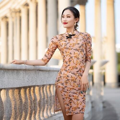 Cheongsam Style Latin Dress Women Sexy Dress Slim Elegant Flower Print Party Wear Tango/Ballroom/Classical Dance Costume BL4442