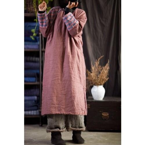 Women Autumn Winter Patchwork Loose Dress Ladies Spliced Linen Dress Female Vintage Robe Dress