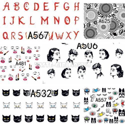 12 sheet Full A Series 3D Floral Monroe Hepburn Letter Lip Lace Cat Pattern Water Transfer Nail Art Stickers Decals DIY A385-744