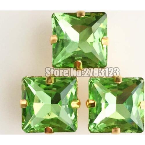 12mm 14mm 20pcs light green Gold bottom Square shape flatback AAA Glass Crystal sew on claw rhinestones,Clothing accessories