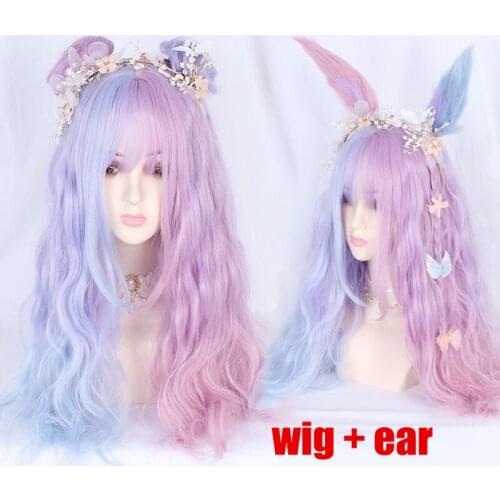 2021 Cosplaymix Lolita 65CM Long Curly Purple Mixed Blue Ombre Bangs with Buns Headband Japan Cute Ladies Cosplay Synthetic Wig