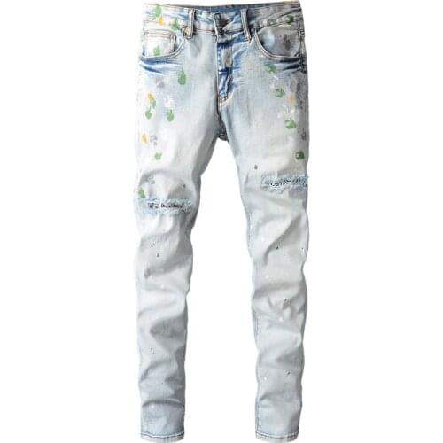 American Street Fashion Men Jeans Retro Light Blue Elastic Slim Ripped Jeans Patches Painted Designer Hip Hop Denim Punk Pants