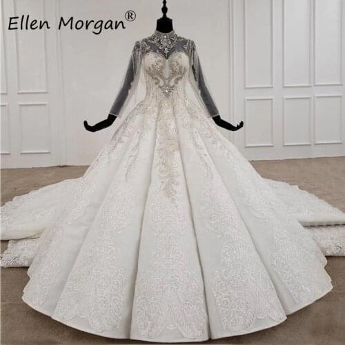Fringe Long Sleeves Bridal Gowns for Beauty 2020 Vintage High Neck Chapel Train Luxury Crystals Lace Wedding Dresses for Women