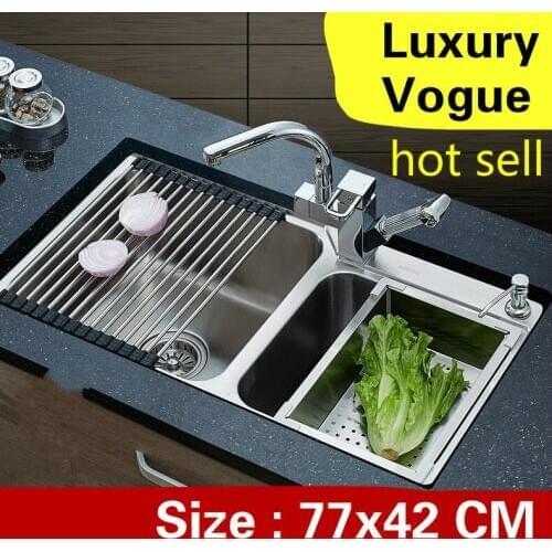 Free shipping Apartment luxury wash vegetables high quality kitchen double groove sink 304 stainless steel 77x42 CM