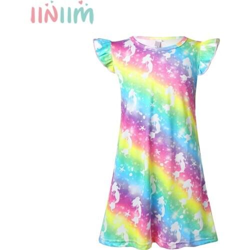 Colorful Kids Girls Cotton Night Gown Nightdress Rainbow Colour Mermaid Princess Nightgown Short Sleeve Summer Sleepwear Pajamas