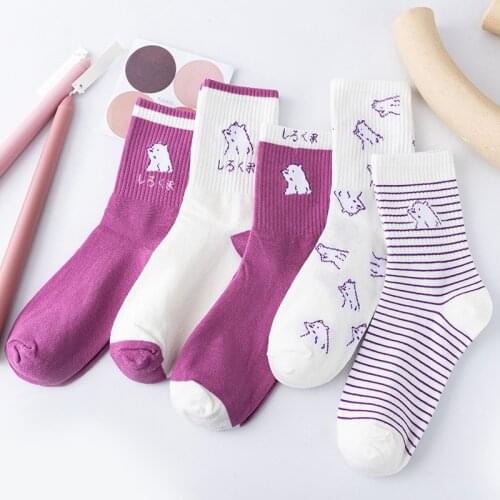 Purple bear cute tube socks sweet college style stockings spring and autumn all-match fashion main colorings tide
