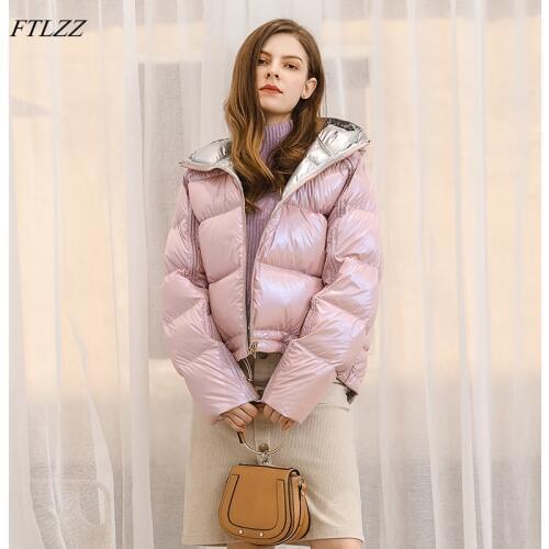 FTLZZ Winter Jacket Women Silver Golden Duck Down Coat Waterproof Zipper Outerwear Lady Loose Hooded Down Parkas Short Coat