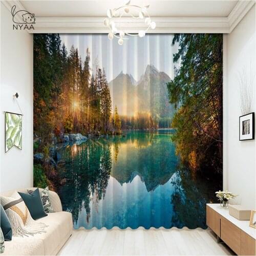 Mountain Lake Water Stones Landscape Curtain Wall Home Continas Dorm Room Rope Printed Curtains In The Kitchen Micro Shading