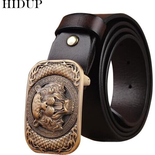 HIDUP Top Quality Design Solid Cowhide Leather Belt Men Tiger Pattern Brass Smooth Buckle Metal Belts 3.8cm Accessories NWWJ150
