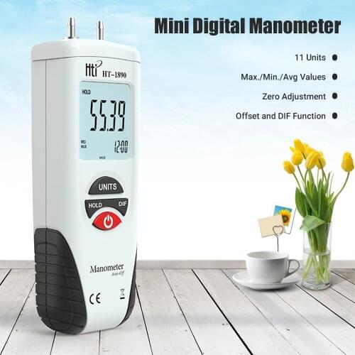 Hti HT-1890 LCD Mini Digital Manometer Differential Gauge Air Pressure Meter ±2Psi Data Hold 11 Units Pressure Gauge